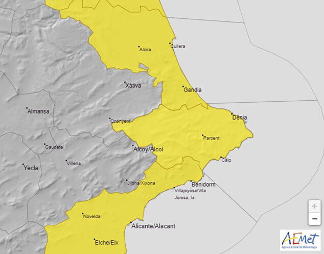 Imagen: Mapa de alerta amarilla de la AEMET para el jueves y viernes