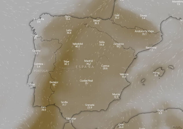 Imagen: Mapa de polvo en suspensión durante la noche del domingo al lunes - Windy