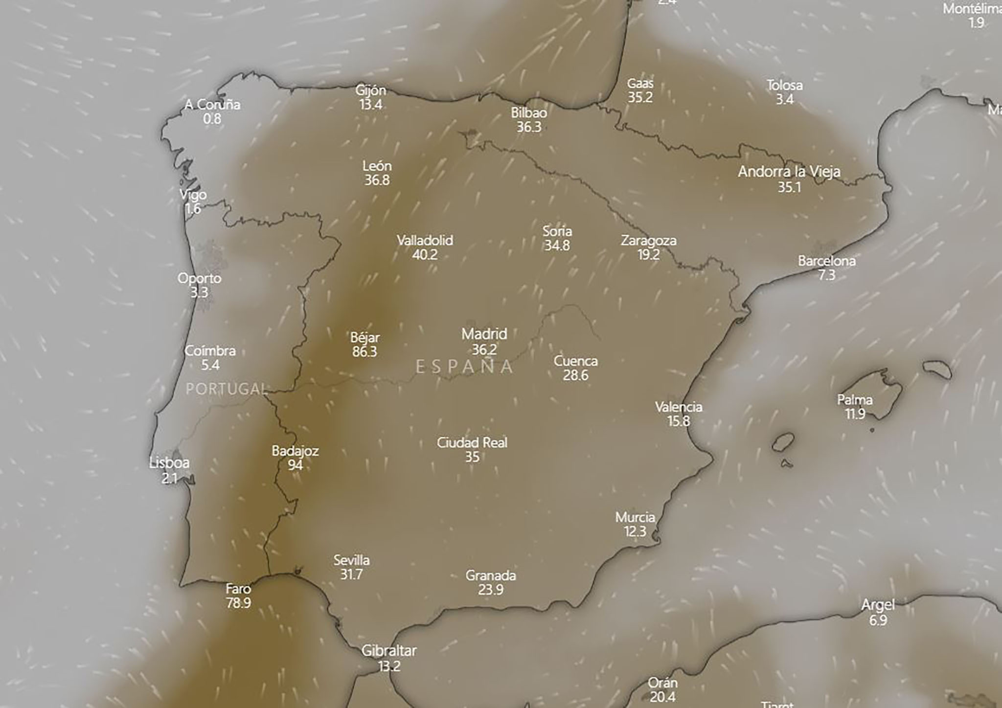 Mapa de polvo en suspensión durante la noche del domingo al lunes – Windy