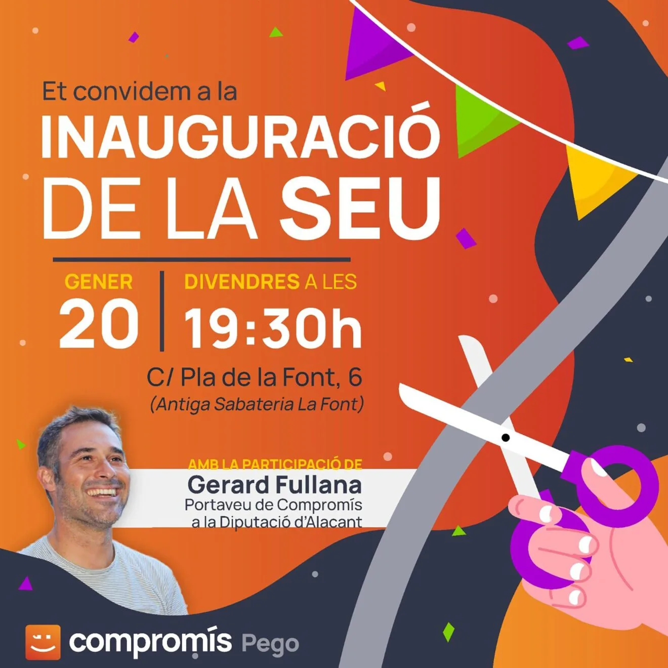 Cartel de inauguración de la nueva sede de Compromís Pego