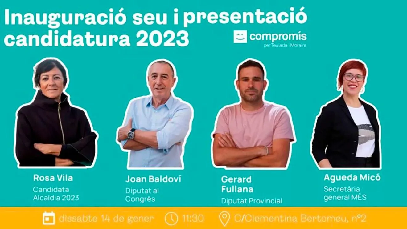 Cartel de la inauguración de la sede y presentanción de la candidatura de Compromís Teulada Moraira en 2023