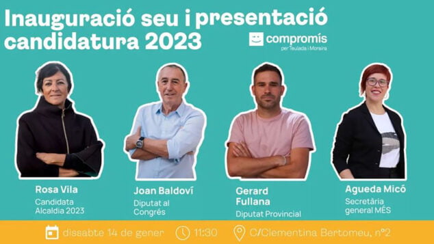 Imagen: Cartel de la inauguración de la sede y presentanción de la candidatura de Compromís Teulada Moraira en 2023