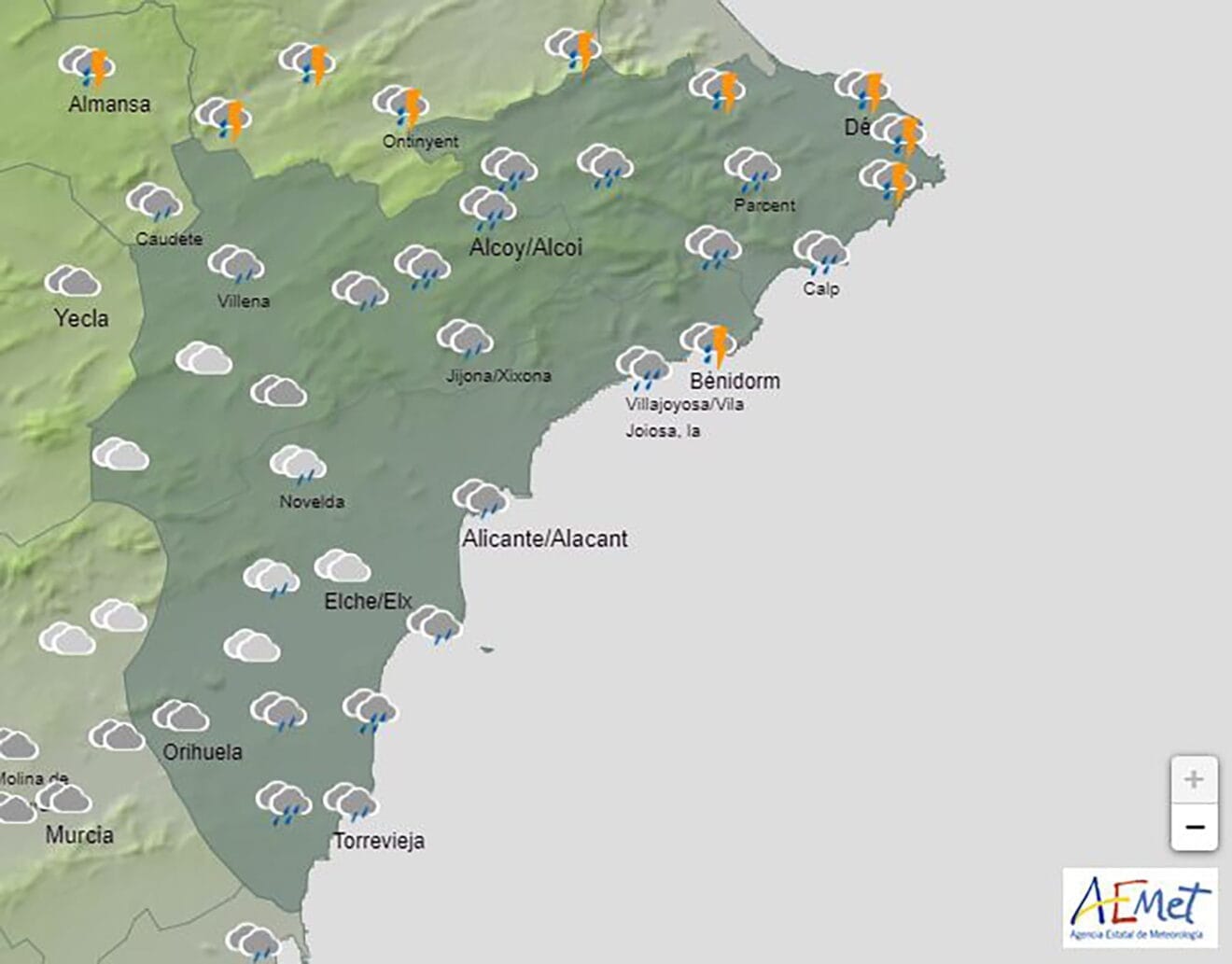 Mapa de predicción de la AEMET para la noche del martes al miércoles
