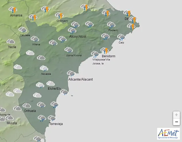 Imagen: Mapa de predicción de la AEMET para la noche del martes al miércoles
