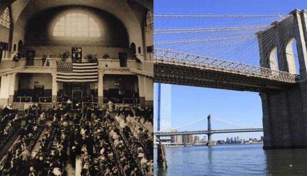 inmigrantes esperando entrar en nueva york y el puente de brroklyn en el antiguo barrio espanol