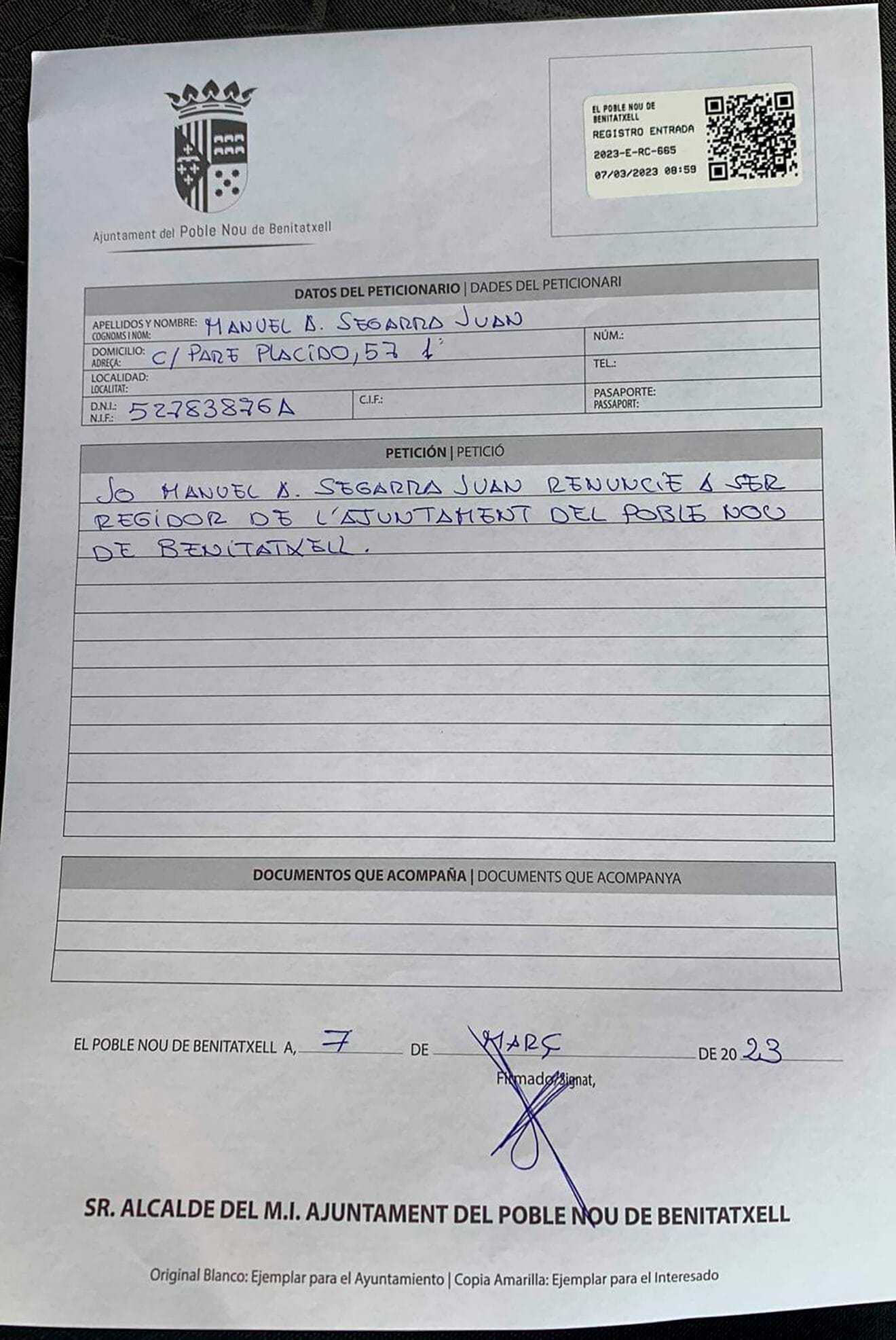 Renuncia del regidor Manuel Segarra de RED Benitatxell