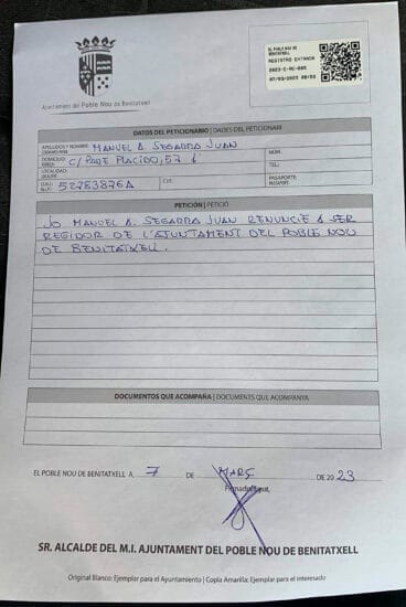 Renuncia del regidor Manuel Segarra de RED Benitatxell