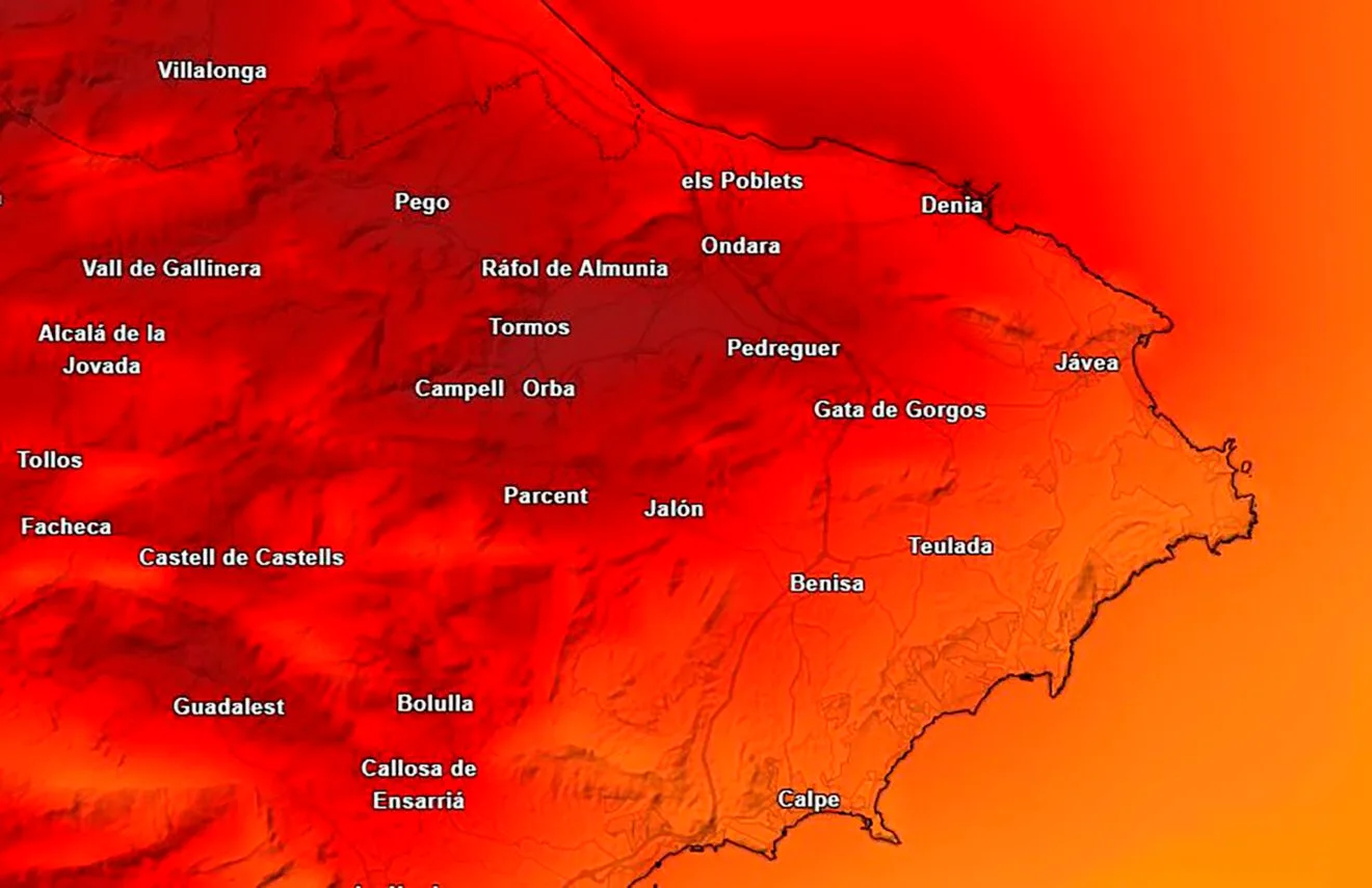 Mapa de temperatura en la Marina Alta del sábado 29 de abril 2023 - Meteored