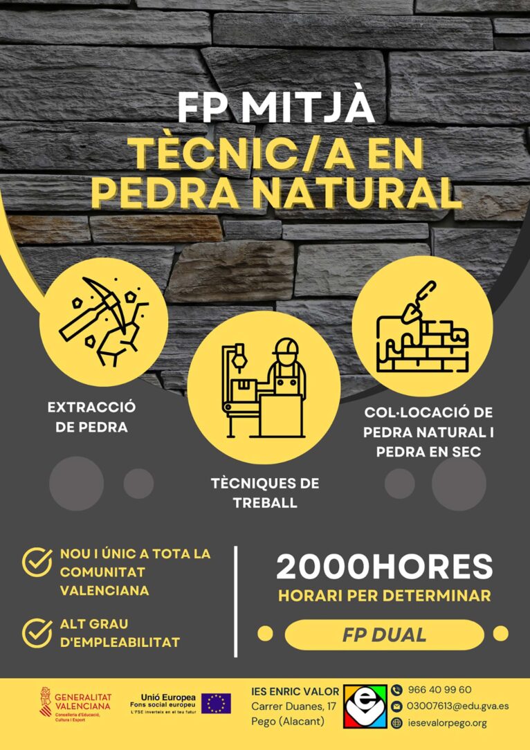 Cartel del nuevo ciclo formativo de Piedra Natural en el IES Enric Valor de Pego