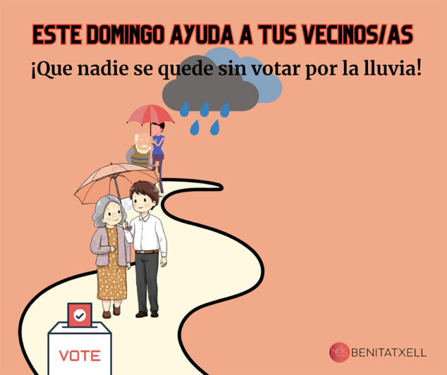 Imagen: Més Benitatxell anima a la ciudadanía a ayudarse para que la lluvia no sea un impedimento para votar