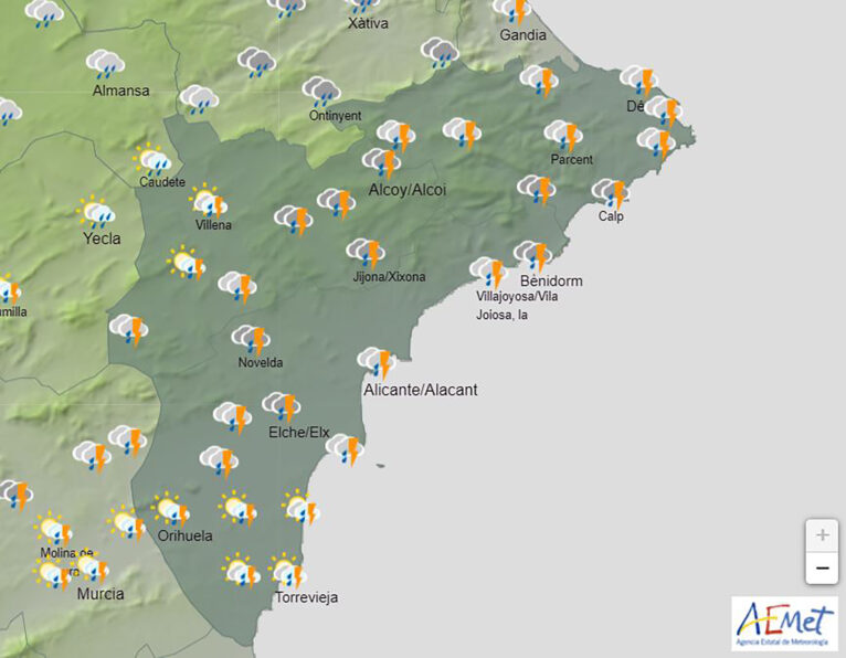 Previsión del tiempo en la provincia de Alicante para el domingo a partir de las 12.00 horas - AEMET