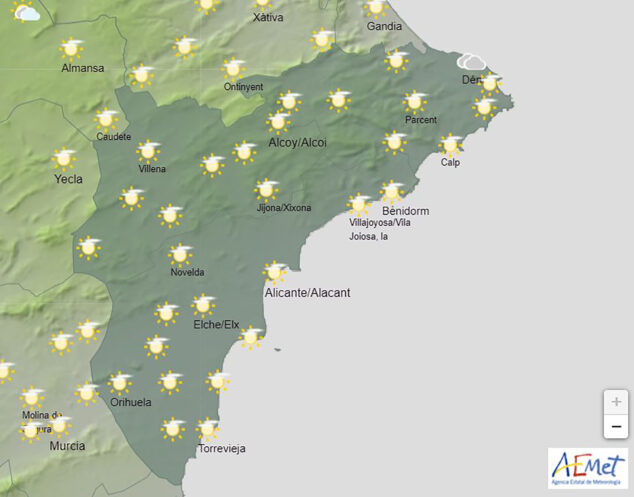 Imagen: Previsión del tiempo en la provincia de Alicante para el sábado a las 14.00 horas - AEMET