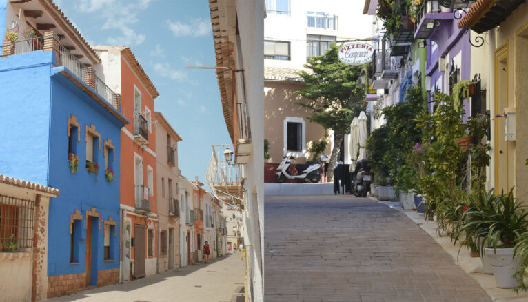 Calle peatonal del barrio Baix la mar de Dénia (izquierda) y calle Campanari de Calp (derecha)