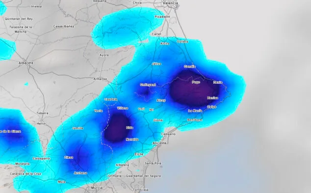 Imagen: Previsión de lluvia en la Marina Alta a las 19.00 horas - Meteored