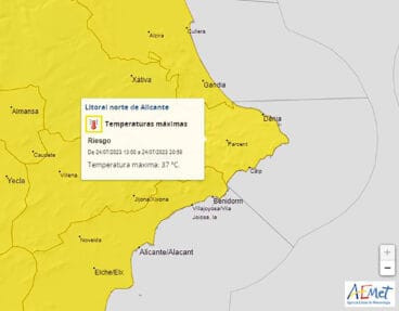 Alerta por altas temperaturas el lunes 24 de julio en el litoral norte de Alicante