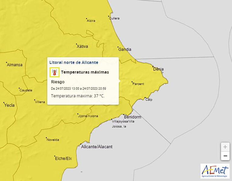 Alerta por altas temperaturas el lunes 24 de julio en el litoral norte de Alicante