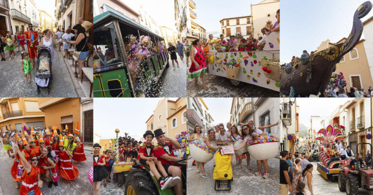 Carrozas y grupos a pie llenan Gata de Gorgos de color y alegría con un gran desfile