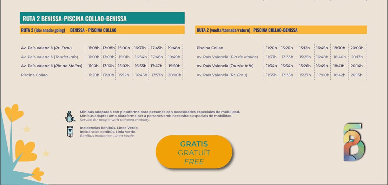 Horario Benibús Ruta 2 Benissa - Piscina Collao