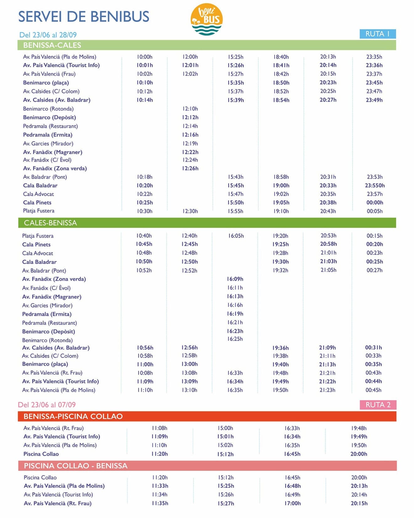 Horarios y paradas del autobús Benibús gratuito el verano 2025 en Benissa