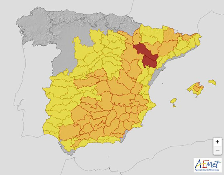 Mapa de avisos por altas temperaturas en España del martes 11 de julio - AEMET