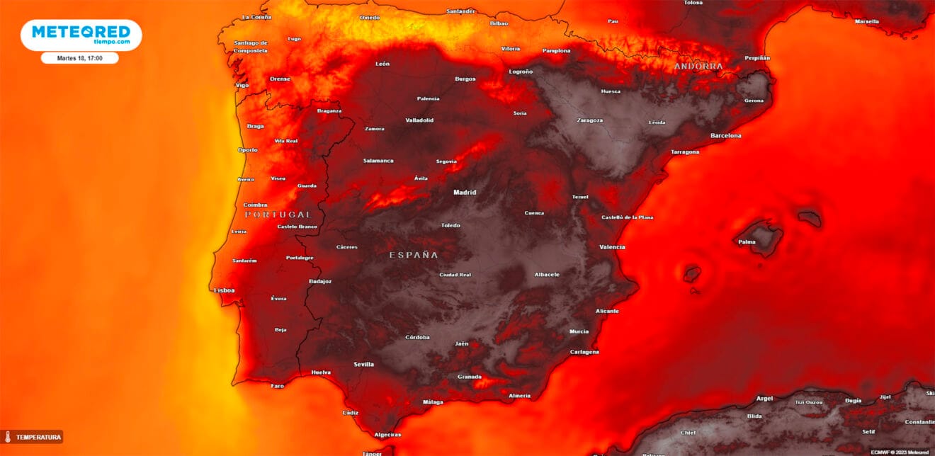 Mapa de temperatura en España de Meteored (martes 18 de julio 2023)