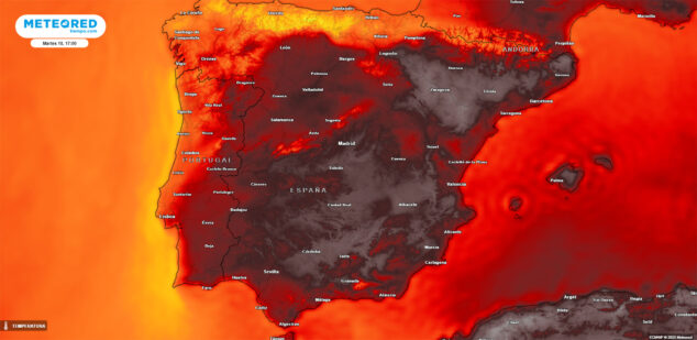 Imagen: Mapa de temperatura en España de Meteored (martes 18 de julio 2023)