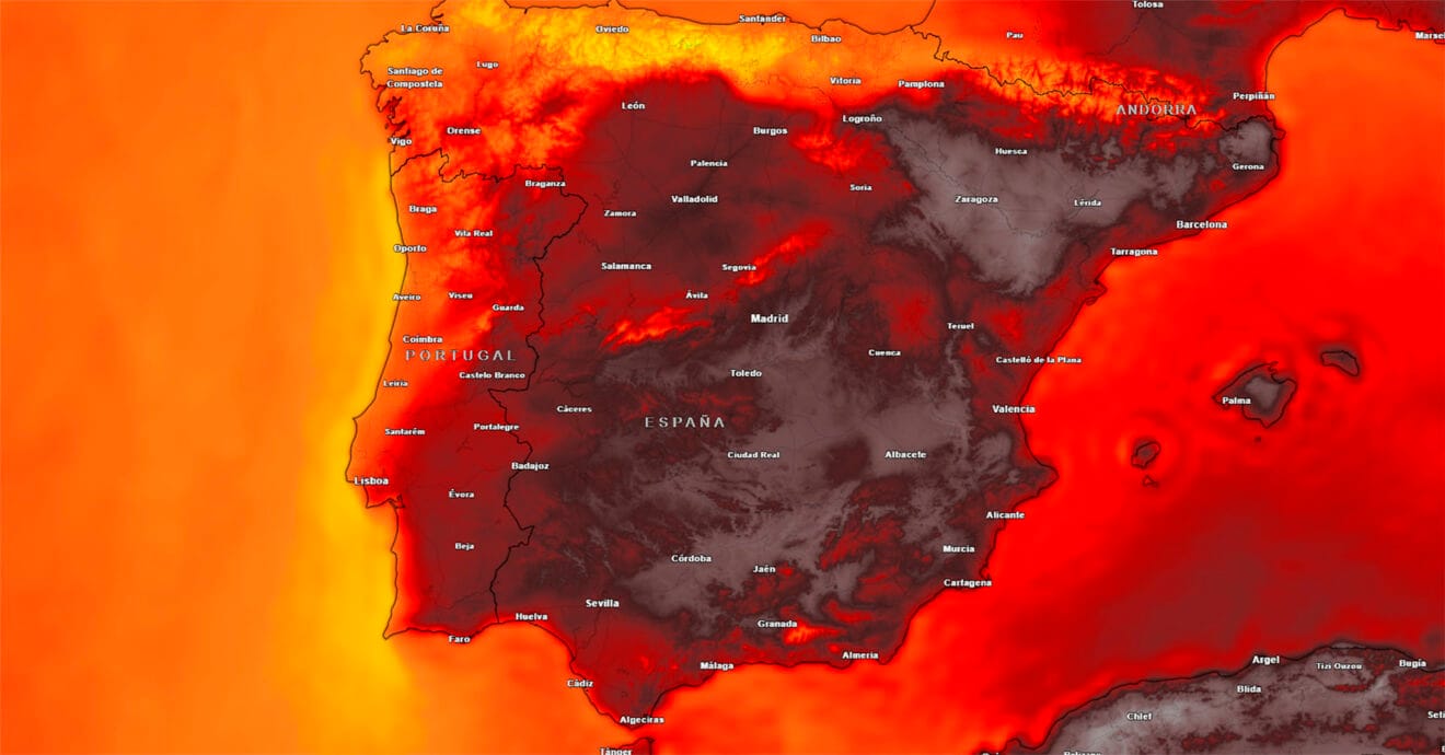 Mapa de temperatura extrema en España de Meteored (martes 18 de julio 2023)