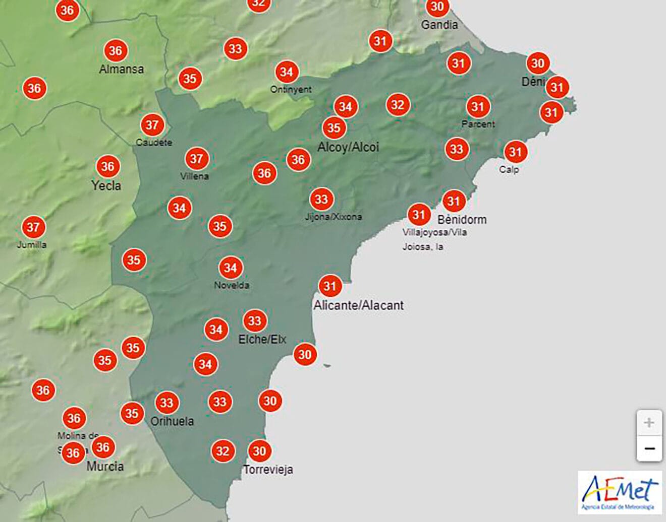 Temperaturas en la Marina Alta para hoy, lunes 17 de julio 2023, a las 15.00 horas
