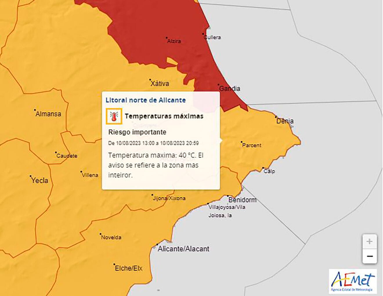 Alerta naranja por altas temperaturas en el litoral norte de Alicante el jueves 10 de agosto