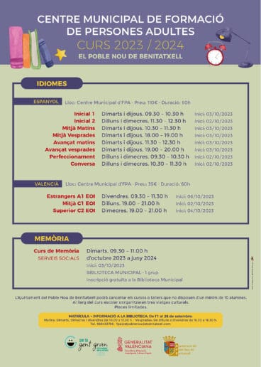 Cursos y talleres del Centro Municipal de Formación de Personas Adultas de El Poble Nou de Benitatxell 2023
