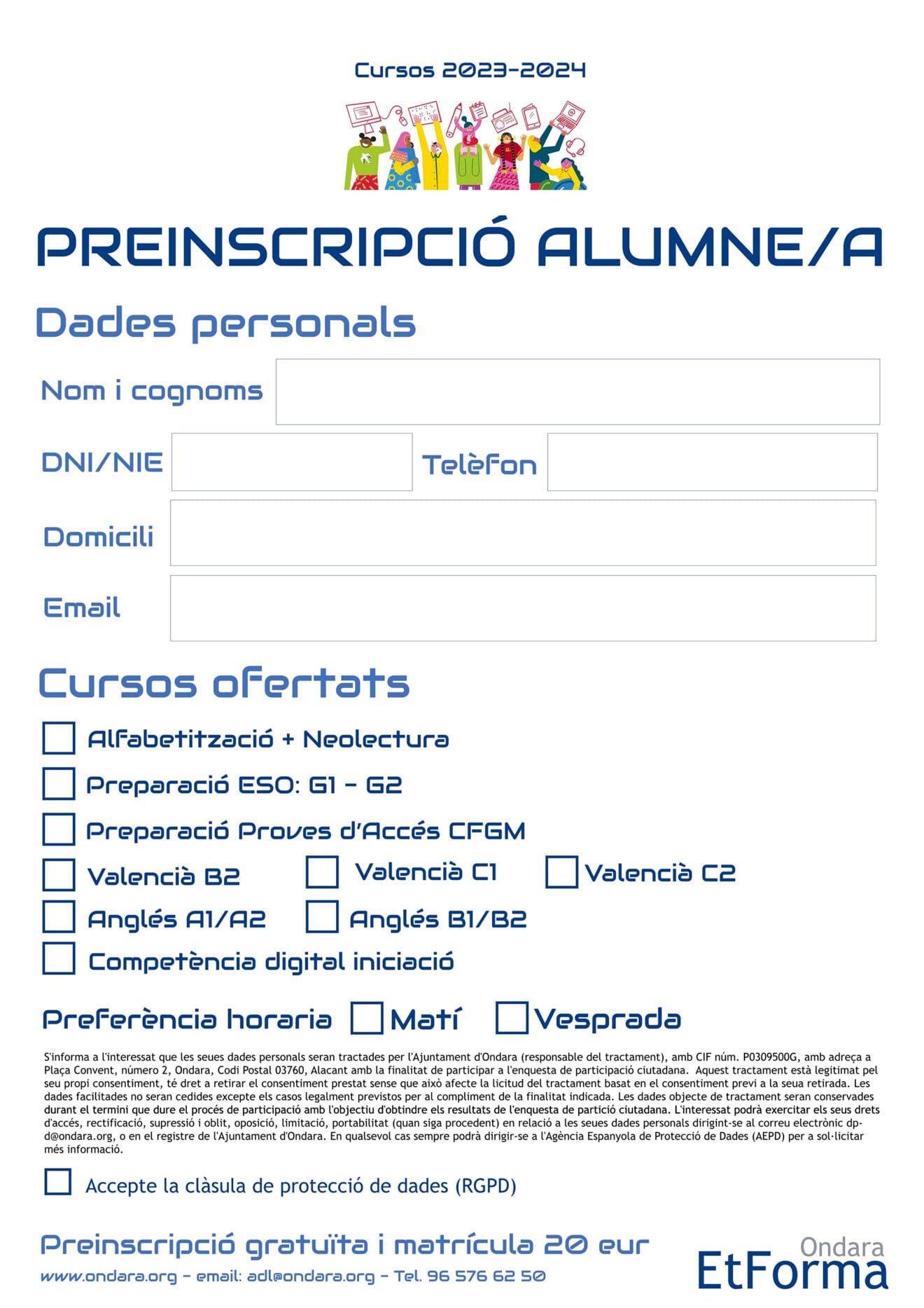 Hoja de preinscripción a los cursos formativos de Ondara