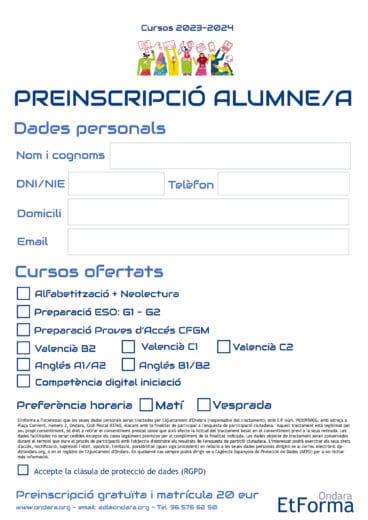 Hoja de preinscripción a los cursos formativos de Ondara