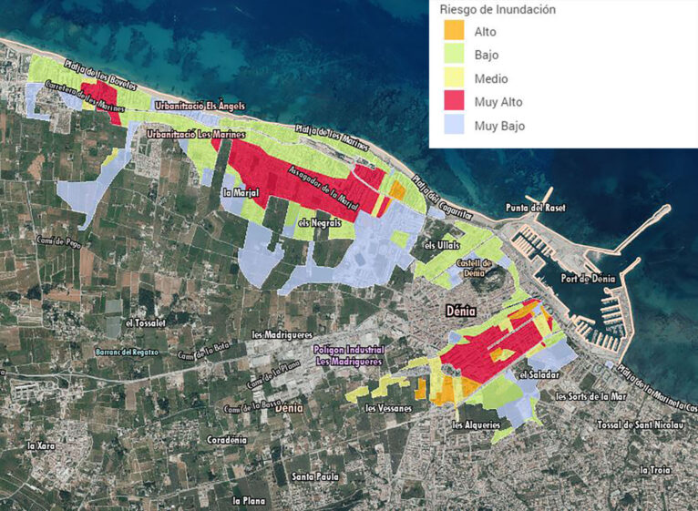 Mapa de riesgo de inundación en Dénia y leyenda - PATRICOVA