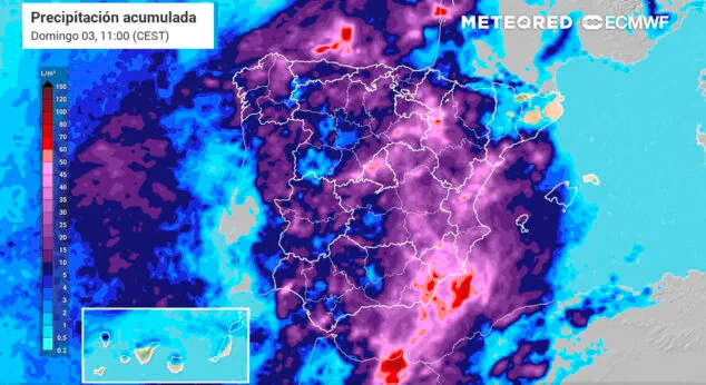 Imagen: Precipitación acumulada según la previsión de Meteored para el domingo 3 de septiembre a las 11.00 horas