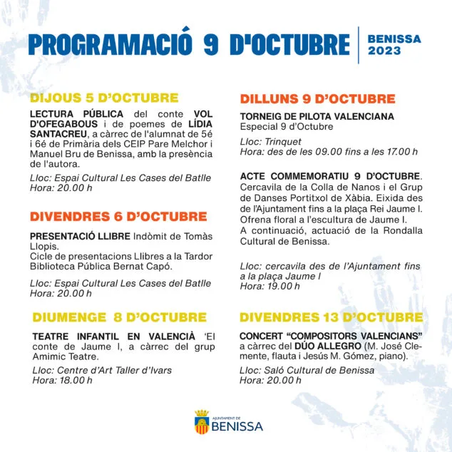 Un 9 d'Octubre en Benissa lleno de cultura y tradición: desde teatro y literatura hasta pilota valenciana y danses 2 Imagen: Programación de 9 d'Octubre en Benissa 2023