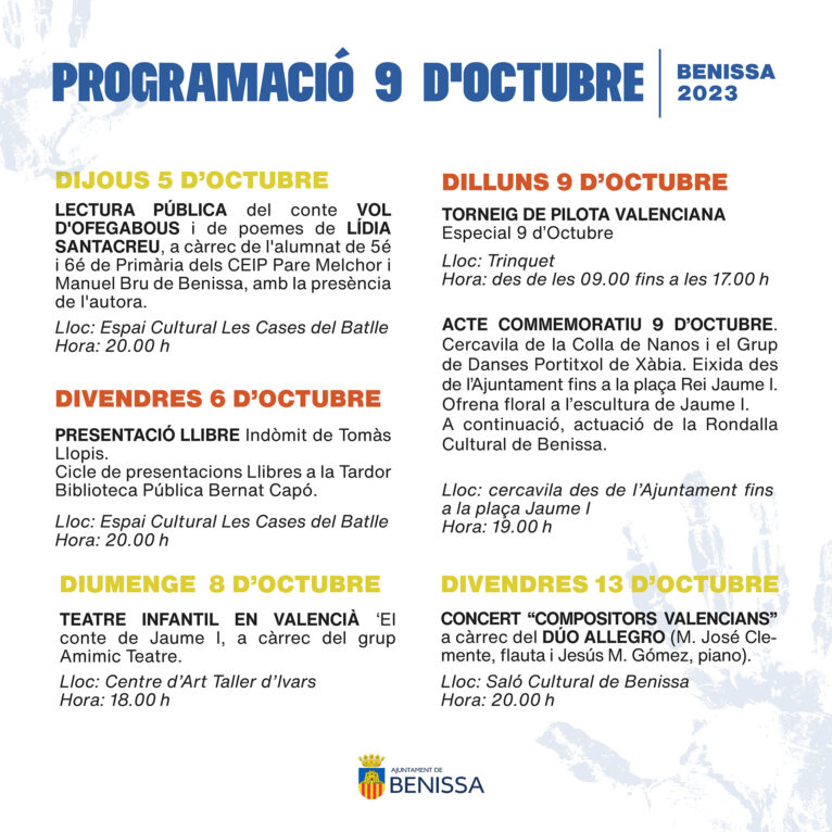 Programación de 9 d'Octubre en Benissa 2023