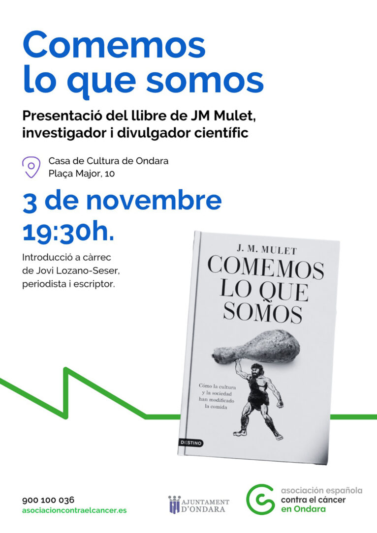 Cartel de la presentación del libro 'Comemos lo que somos' de JM Mulet en Ondara