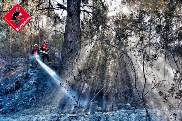 Imagen: Bomberos refrescando la zona del incendio en la Serra de Segària