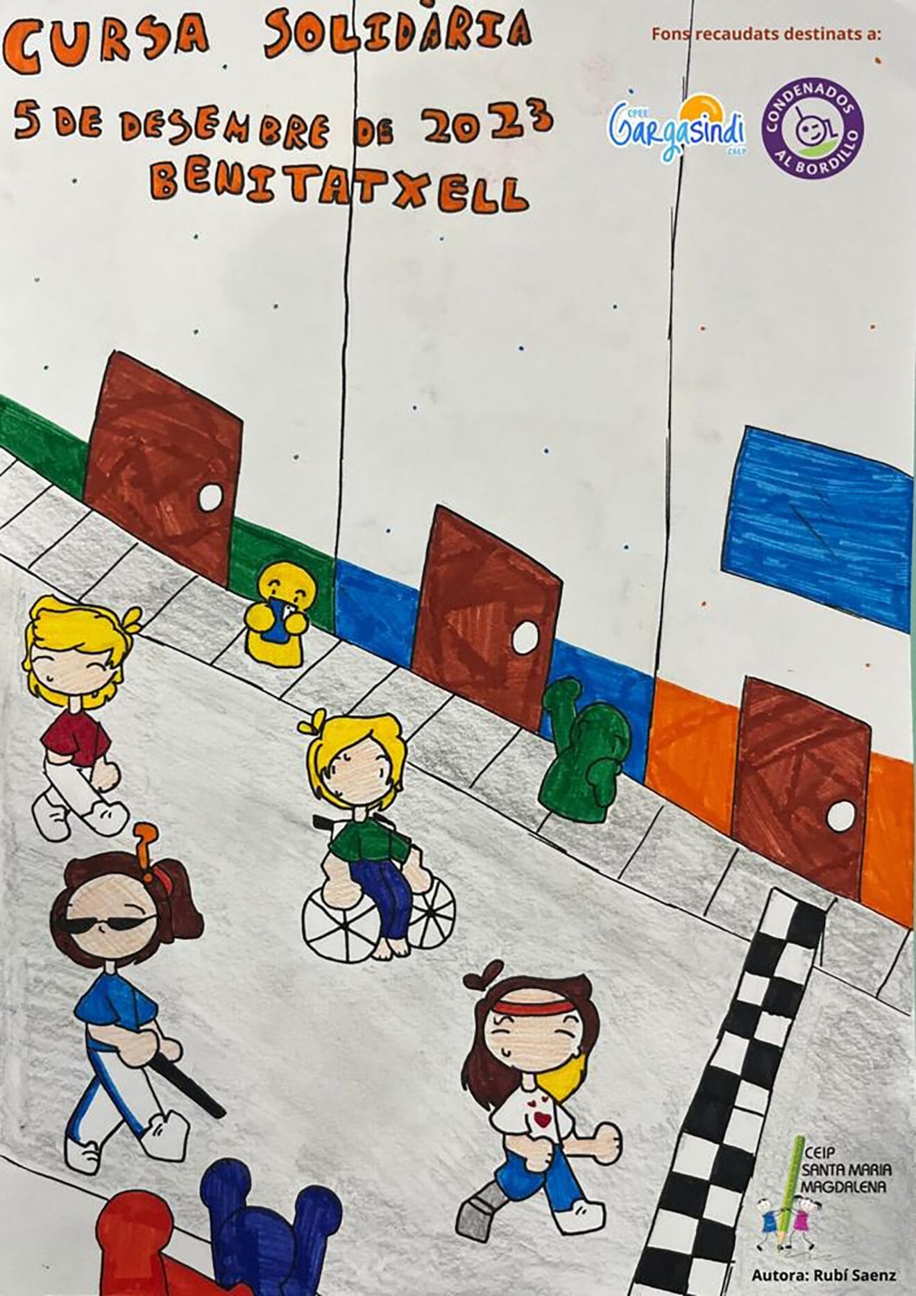 Cartel de la carrera solidaria del CEIP Santa María Magdalena de Benitatxell a favor de Condenados al Bordillo y el CPEE Gargasindi