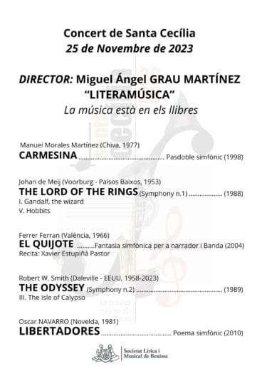 Programa del concierto por Santa Cecília de la Banda de Benissa