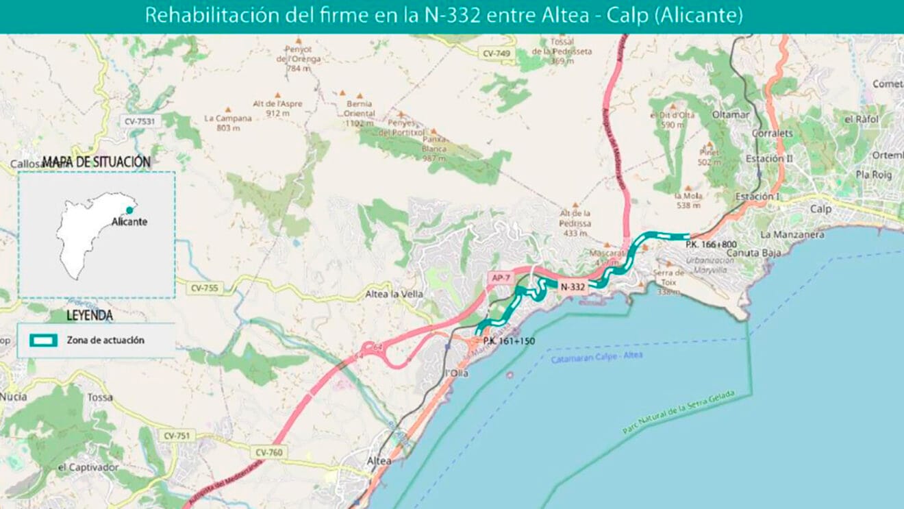 Rehabilitación del firme en la carretera N-332 de varias zonas del tramo entre Altea y Calp