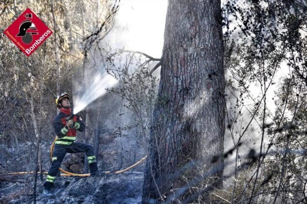 un bombero en las labores de extincion del incendio de rafol dalmunia