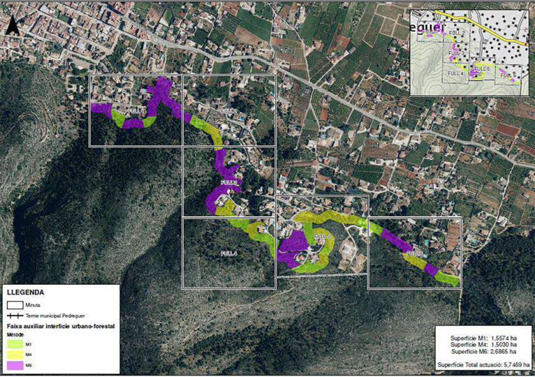 Leyenda de los trabajos de tala selectiva para reducir el combustible forestal en Pedreguer