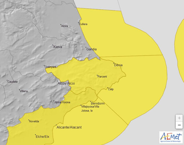 Imagen: Aviso amarillo en el litoral norte de Alicante el sábado 6 de enero