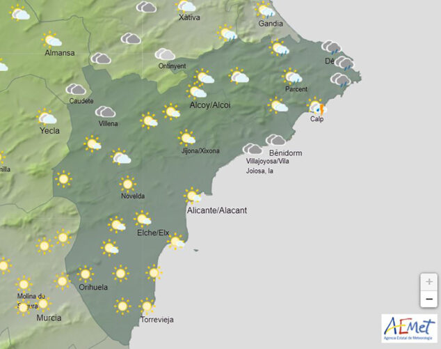 Imagen: Predicción de la AEMET para Alicante a las 17.00 horas el viernes, 5 de enero