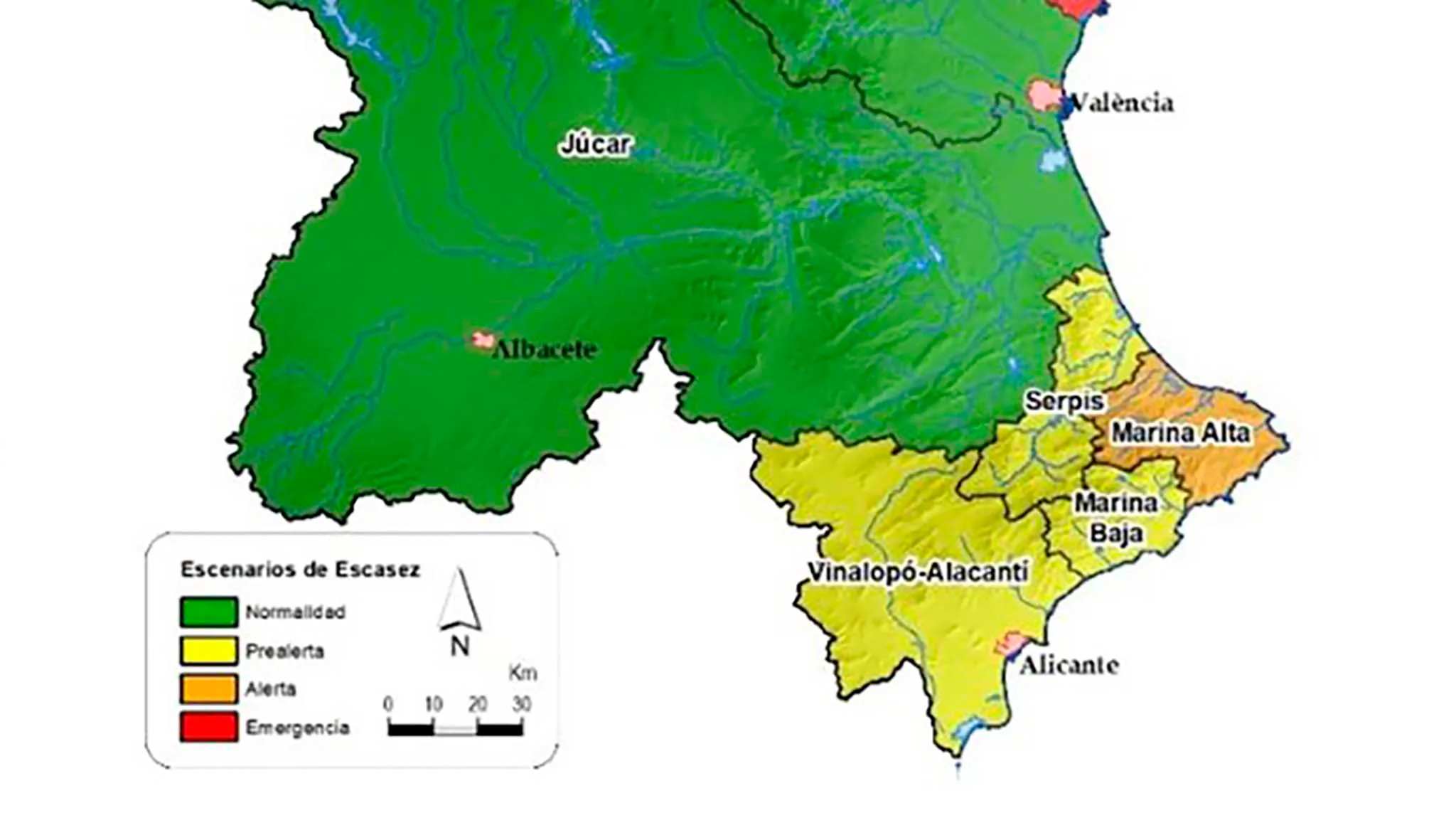 escenarios de sequia y escasez en la demarcacion hidrografica del jucar en enero 2024