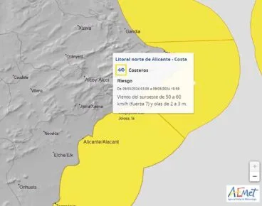 Aviso amarillo de la AEMET en el litoral norte de Alicante el sábado 9 de marzo