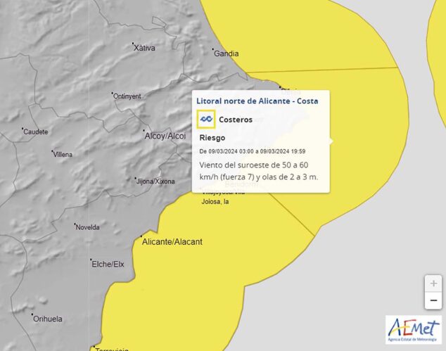 Imagen: Aviso amarillo de la AEMET en el litoral norte de Alicante el sábado 9 de marzo