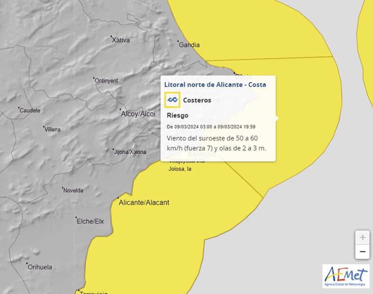 Aviso amarillo de la AEMET en el litoral norte de Alicante el sábado 9 de marzo