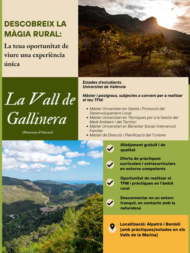La Vall de Gallinera estrena colivings en antiguas viviendas de las escuelas para luchar contra el despoblamiento 5 cartel de la iniciativa del ayuntamiento de la vall de gallinera y el iidl para acoger estudiantes en los colivings